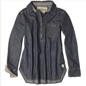 Life is Good Chambry Denim Popover Shirt Cotton Long Sleeve (Indigo Blue)